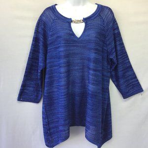 INC Tunic Blue Sheer Knit Keyhole Chainlink Neck 3/4 Sleeve Pullover Top NWOT 1X